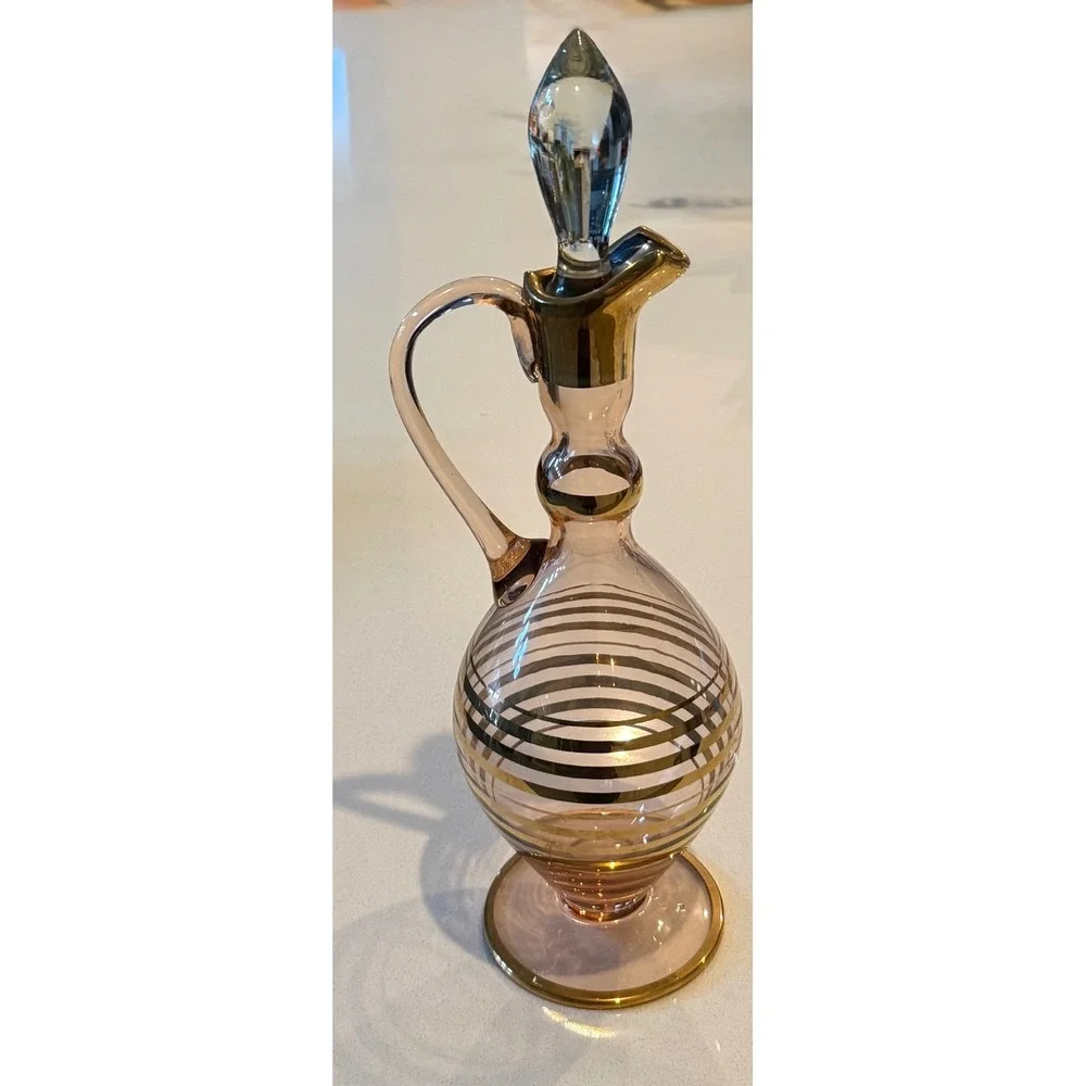 Vintage Pink Glass Decanter Gold‎ Striped Cruet with Stopper Mid Century Modern